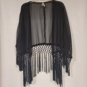 ROPER Sheer Black Fringe Duster Cardigan Size XL